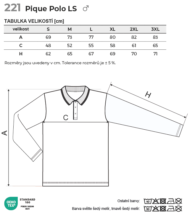 221 Pique Polo LS polokošile pánská Tabulka velikostí